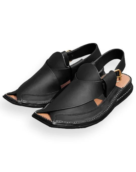 Peshawar zalmi chappal double lifty sole Black Color - Pure Leather Handmade-SLSB